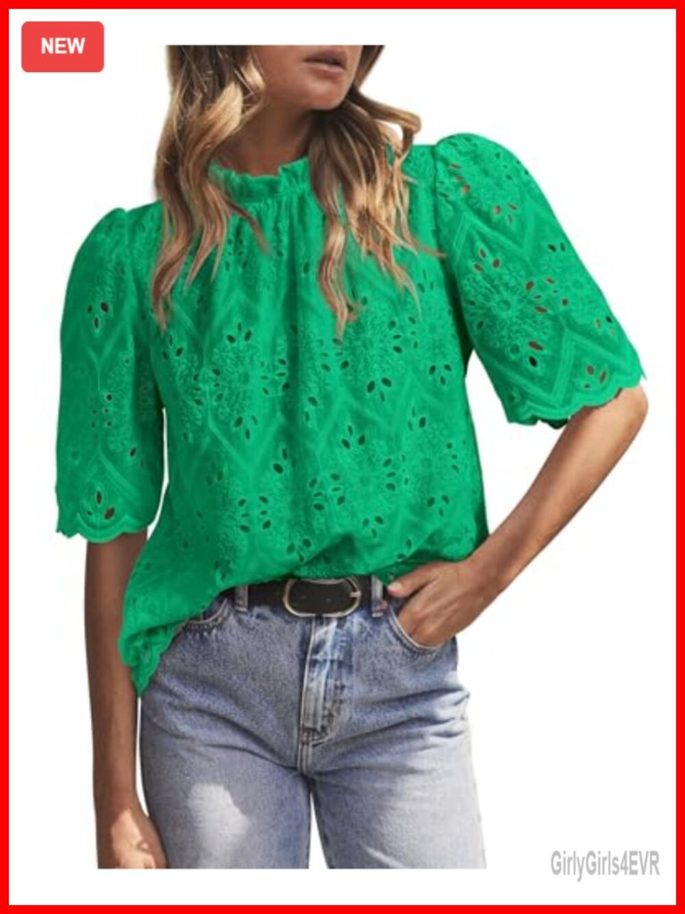 Eyelet Embroidered Short Sleeve Blouse Mock Neck